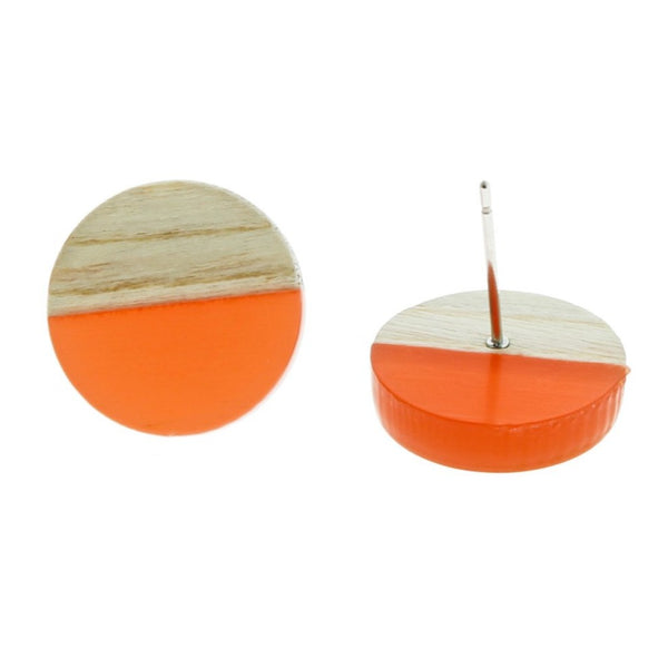 Wood Stainless Steel Earrings - Orange Resin Round Studs - 15mm - 2 Pieces 1 Pair - ER111
