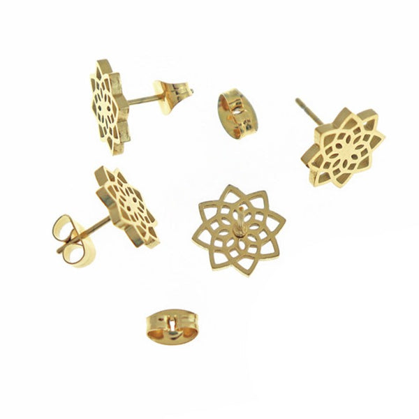 Gold Stainless Steel Earrings - Celtic Flower Studs - 11mm - 2 Pieces 1 Pair - ER473