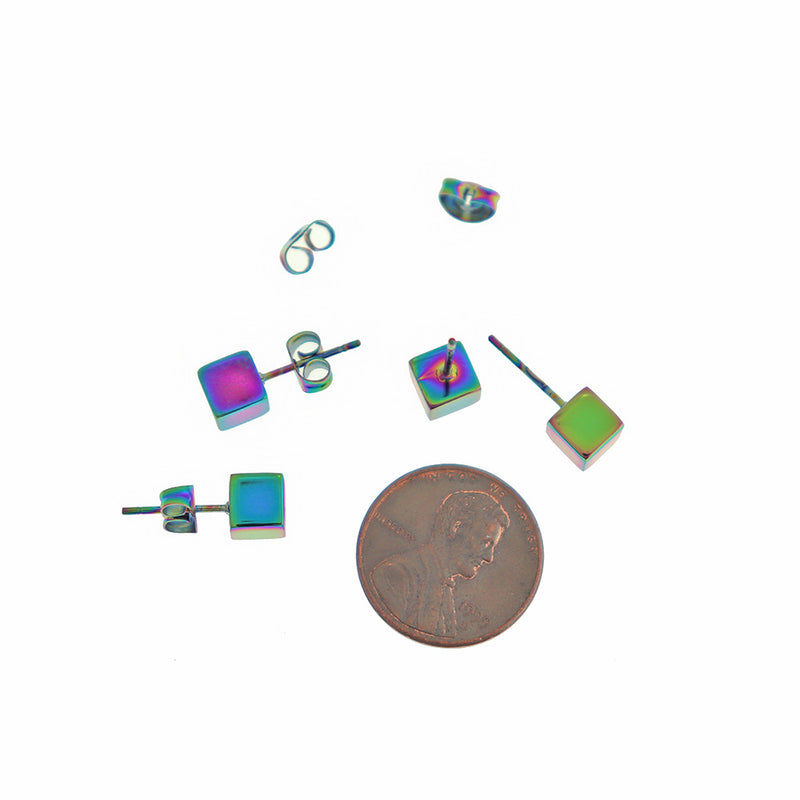 Rainbow Electroplated Stainless Steel Earrings - Square Cube Studs - 6mm - 2 Pieces 1 Pair - ER520