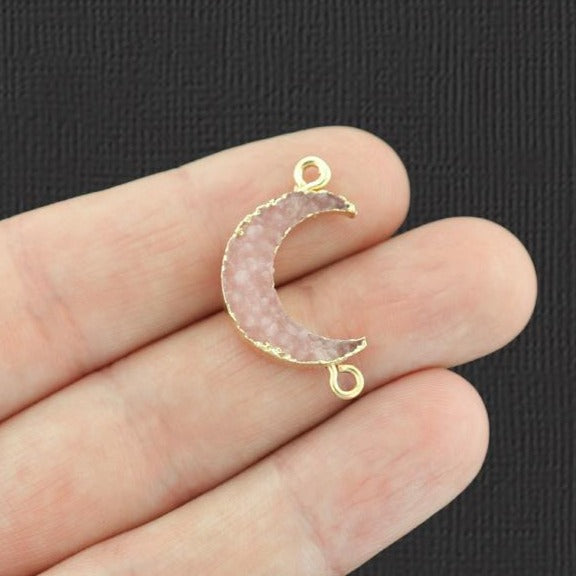 2 Pink Crescent Moon Connector Druzy Gold Tone Resin Charms - K377