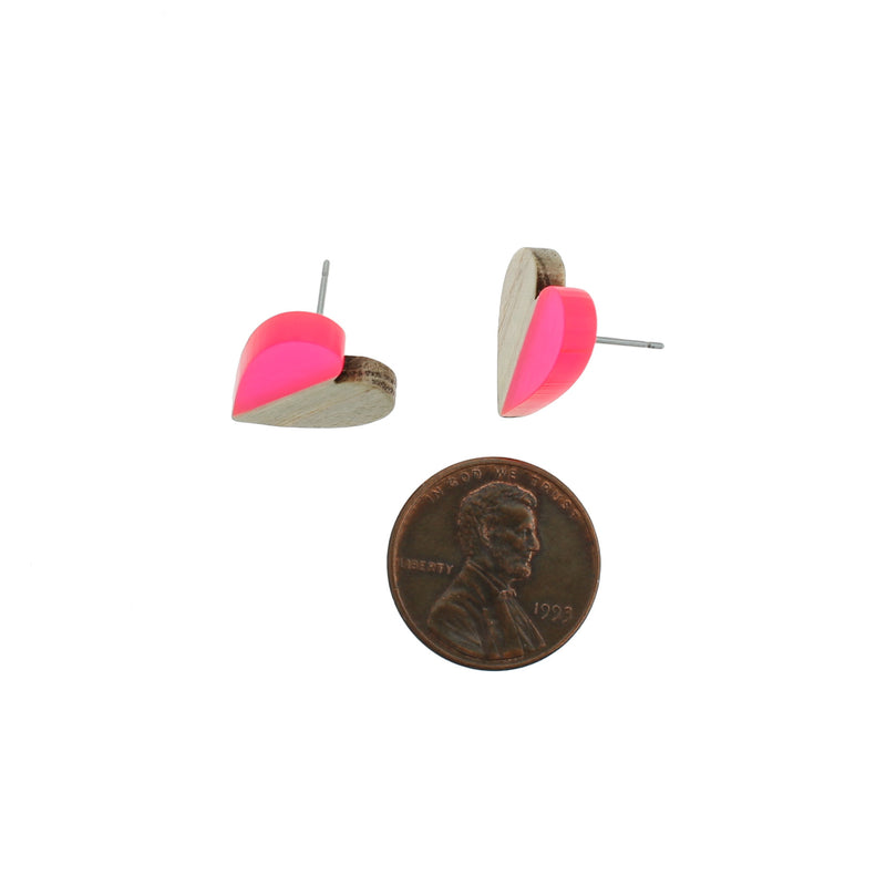 Wood Stainless Steel Earrings - Pink Resin Heart Studs - 15mm x 14mm - 2 Pieces 1 Pair - ER131