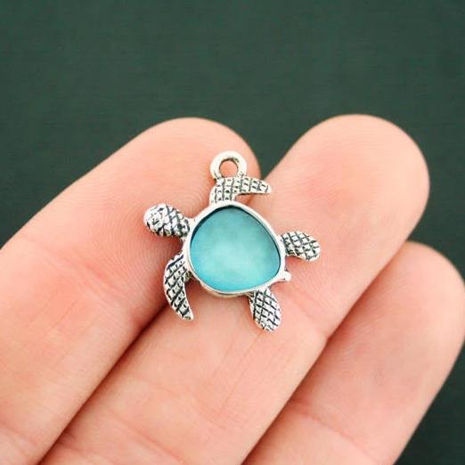 Turtle Antique Silver Tone Charms with Inset Turquoise Seaglass - SC7547