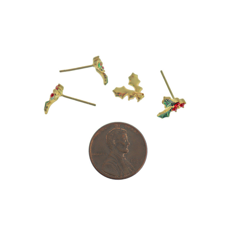 18K Gold Plated Earrings - Enamel Mistletoe Studs With Cubic Zirconia - 10.5mm x 9mm - 2 Pieces 1 Pair - ER070