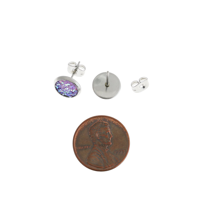 Purple Druzy Earrings - Stainless Steel Stud - 8mm - 2 Pieces 1 Pair - ER174