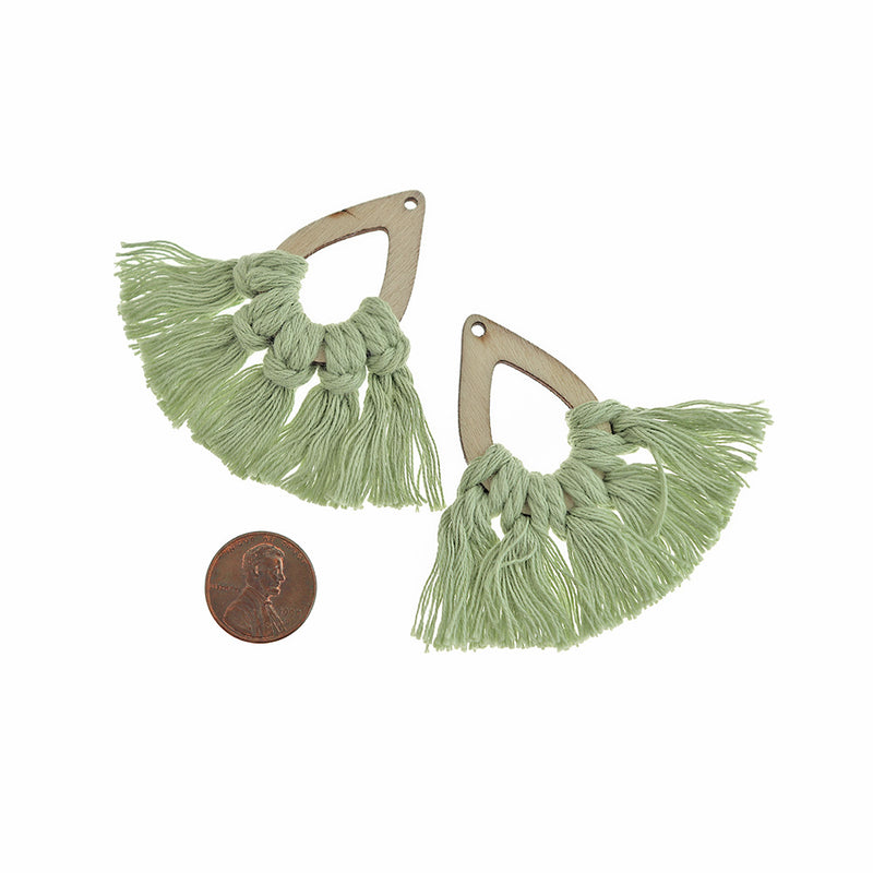 Fan Tassels - Natural Wood and Green - 2 Pieces - TSP304