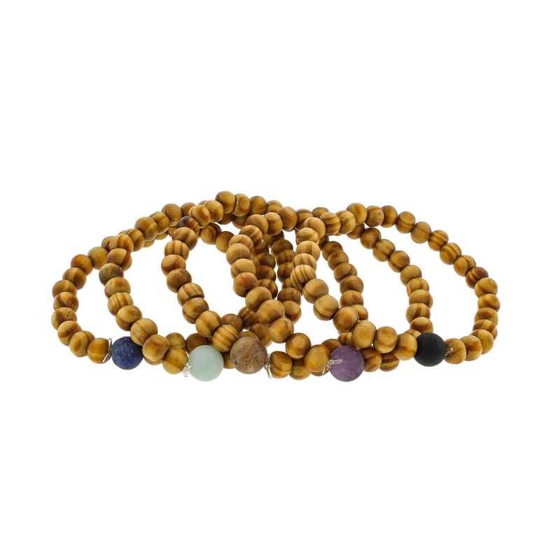 Round Wooden Bead Bracelets 50mm - Brown with Gemstone Accent Bead - 20 Bracelets - BB178