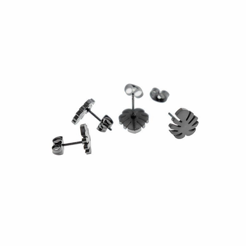Gunmetal Black Stainless Steel Earrings - Tropical Leaf Studs - 8mm - 2 Pieces 1 Pair - ER506