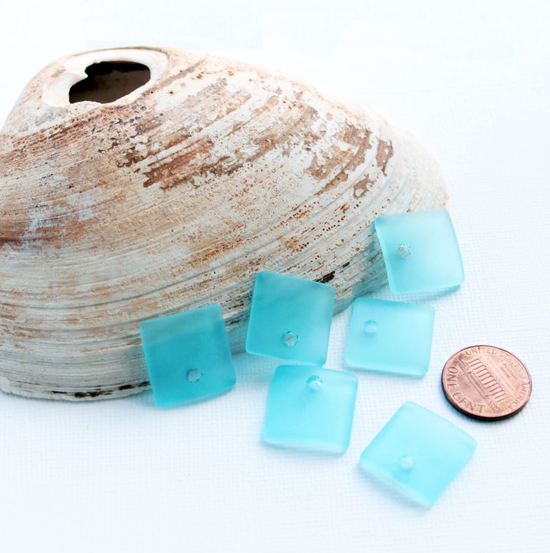 2 Pale Blue Curved Square Cultured Sea Glass Charms - U052