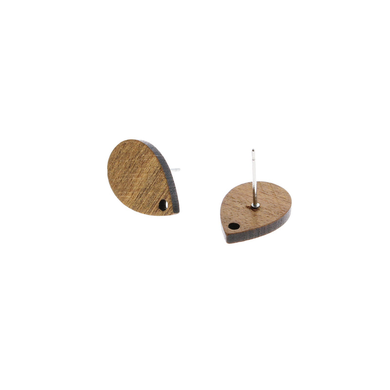Wood Stainless Steel Earrings - Teardrop Studs - 17mm x 11mm - 2 Pieces 1 Pair - ER023