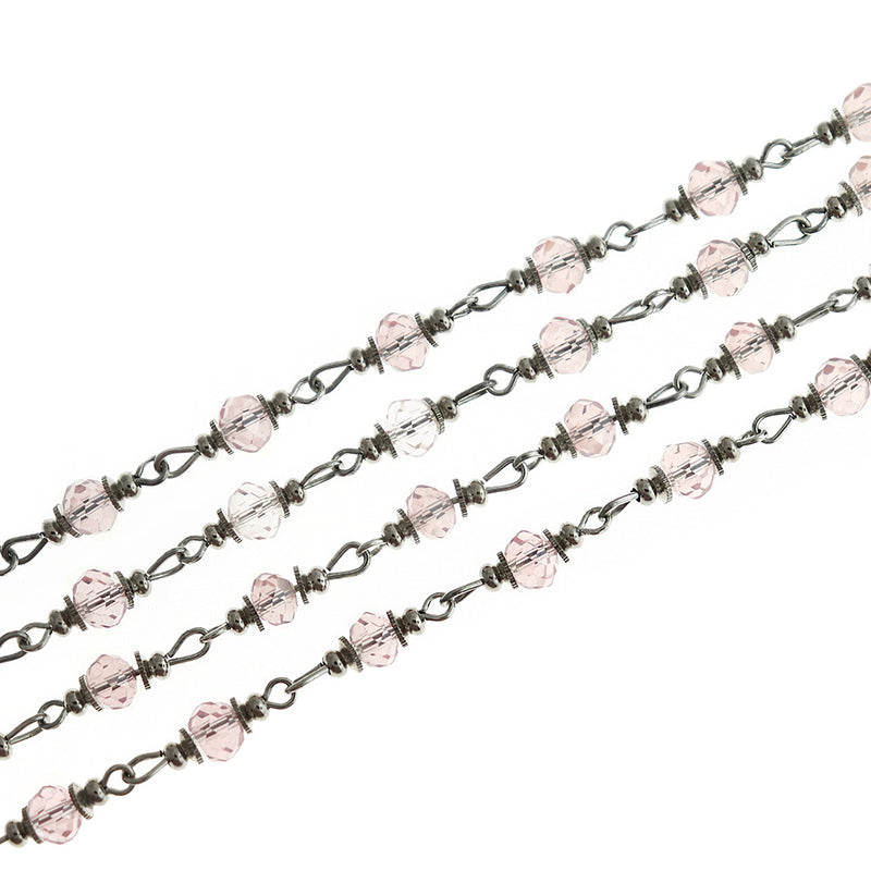 BULK Beaded Rosary Chain - 6mm Rondelle Pink Glass & Silver Tone - 3.3ft or 1m - RC052