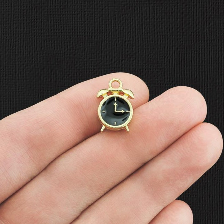 4 Alarm Clock Gold Tone Enamel Charms - E885