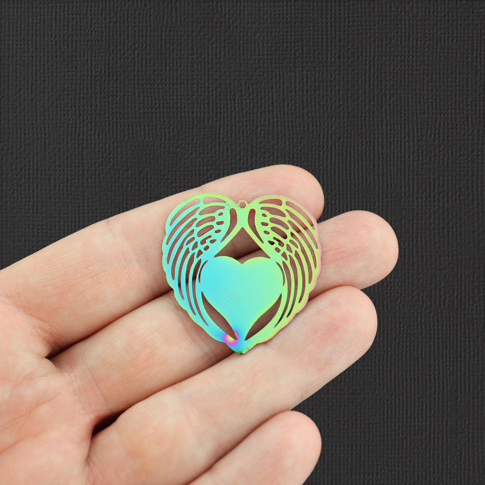 4 Angel Wing Heart Electroplated Stainless Steel Charms 2 Sided - SSP256