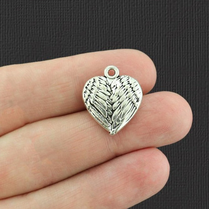 4 Angel Wings Heart Antique Silver Tone Charms 2 Sided - SC8100