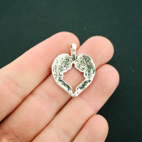 4 Angel Wings Heart Antique Silver Tone Charms - SC6105