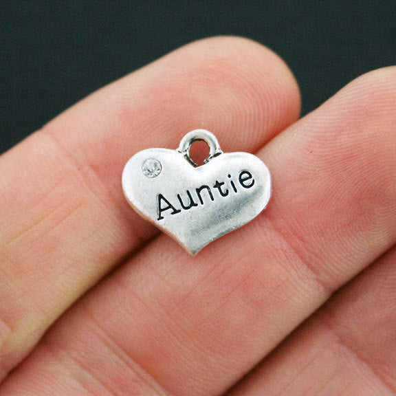 4 Auntie Heart Antique Silver Tone Charms 2 Sided With Inset Rhinestones - SC224