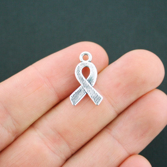 4 Awareness Ribbon Antique Silver Tone Charms with Inset Rhinestone - SC3259