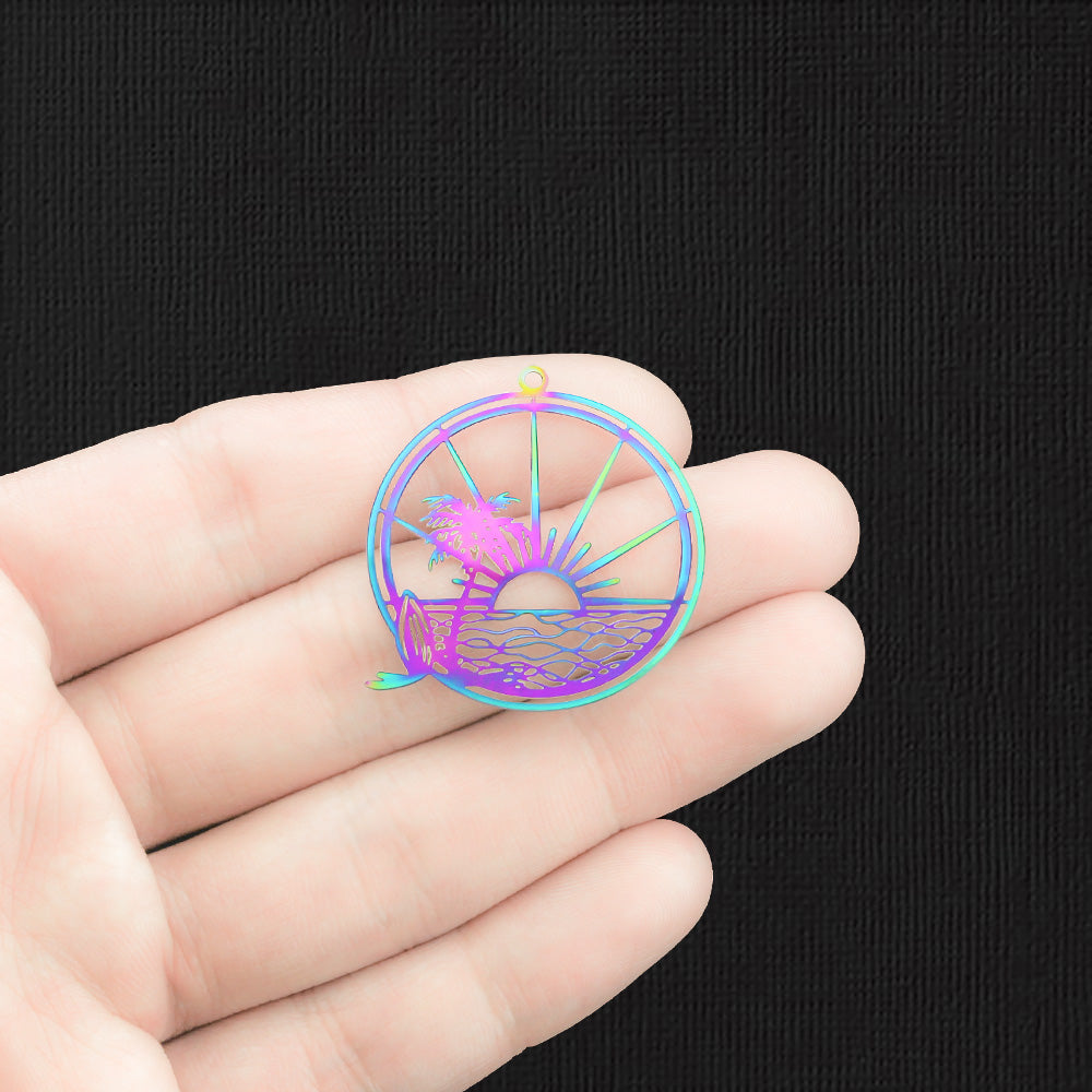 4 Beach Scene Rainbow Electroplated Stainless Steel Charms 2 Sided - SSP541