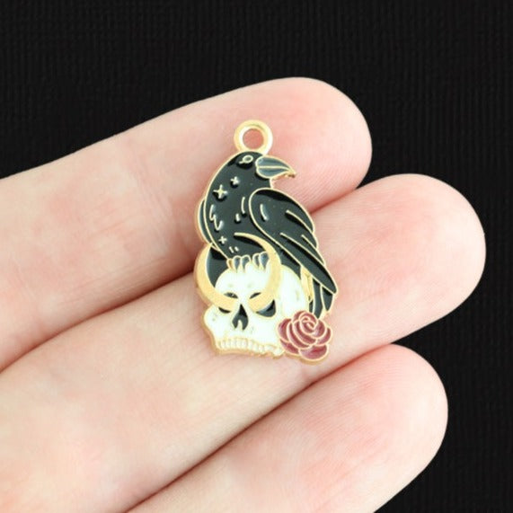 4 Bird With Skull Gold Tone Enamel Charms - E1534