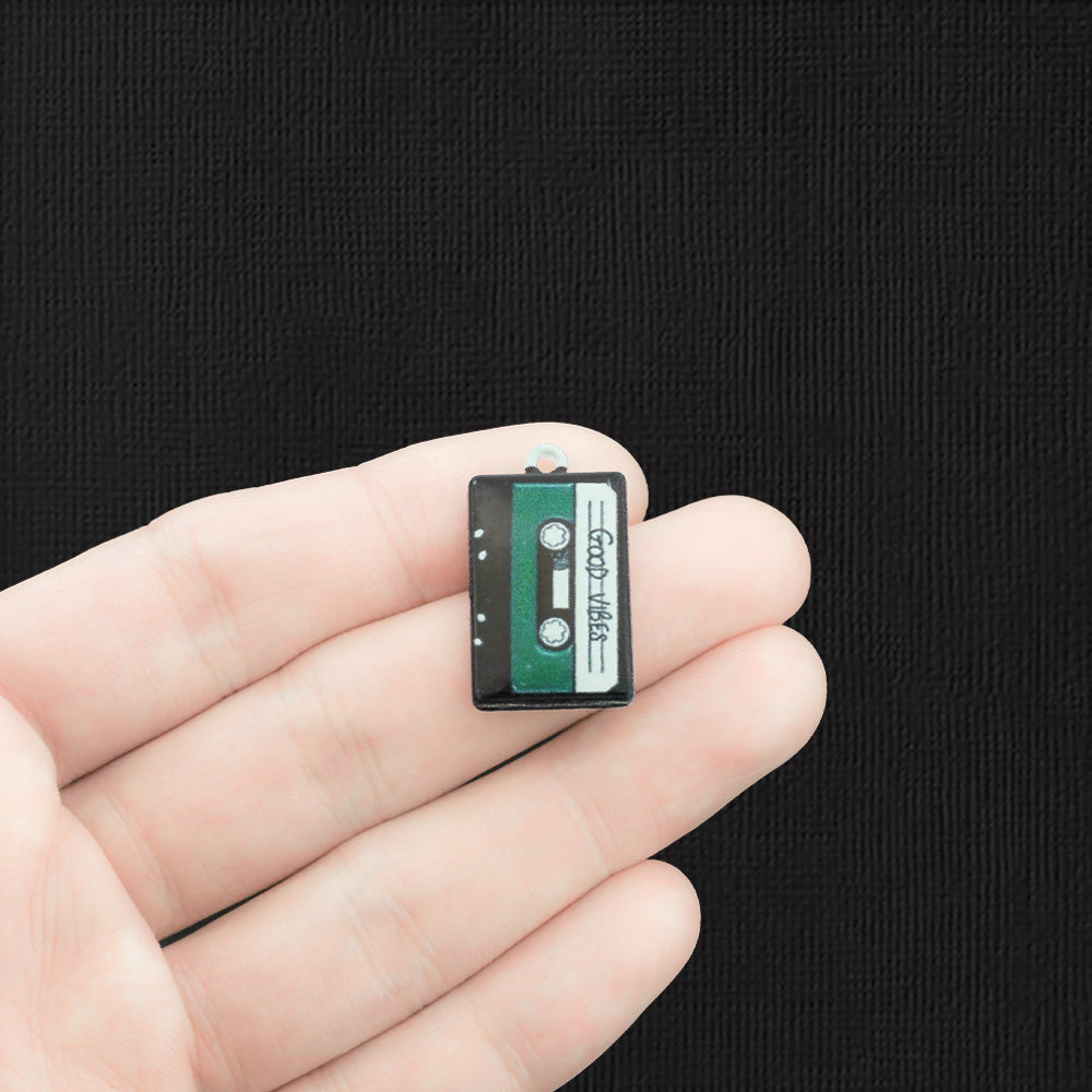 4 Black Cassette Tape Silver Tone Enamel Charms - E1524