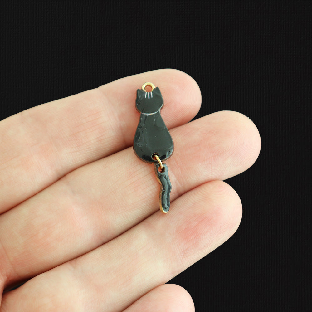 4 breloques en émail doré chat noir avec queue pendante - E353