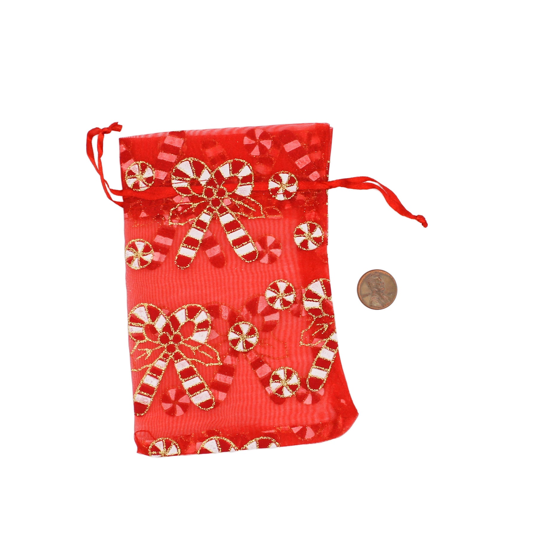 4 Candy Cane Organza Drawstring Bags 15cm x 10cm - TL180