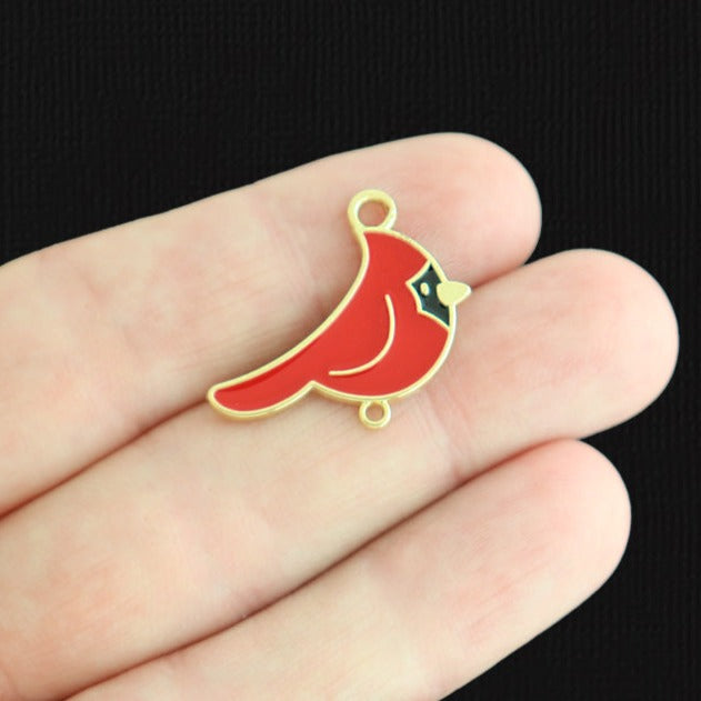 4 Cardinal Bird Connector Gold Tone Enamel Charms - E1558