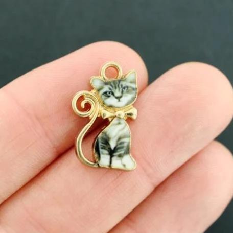 4 breloques chat en émail doré - E686