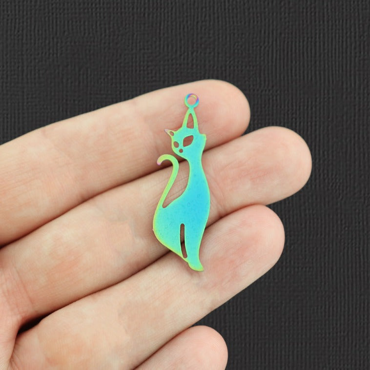 4 breloques en acier inoxydable plaqué arc-en-ciel chat 2 faces - SSP248