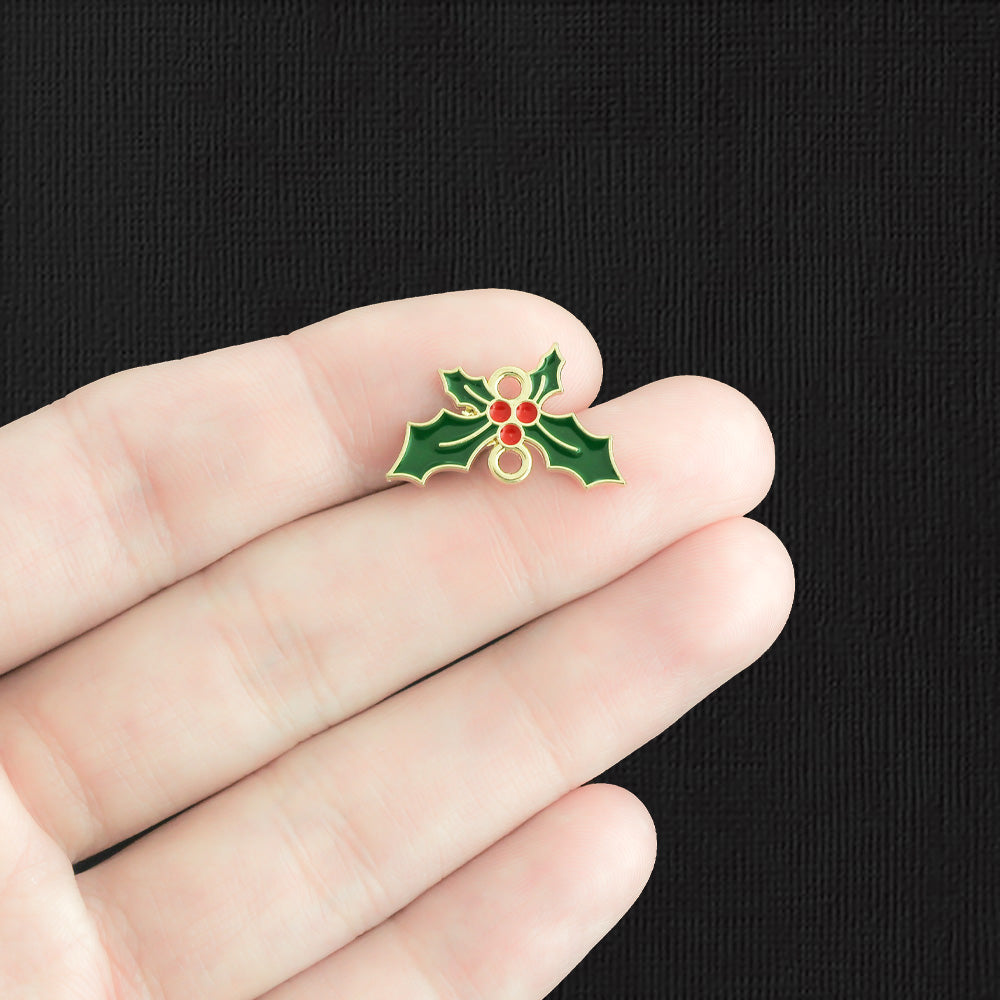 4 Christmas Mistletoe Connector Gold Tone Enamel Charms - E1363