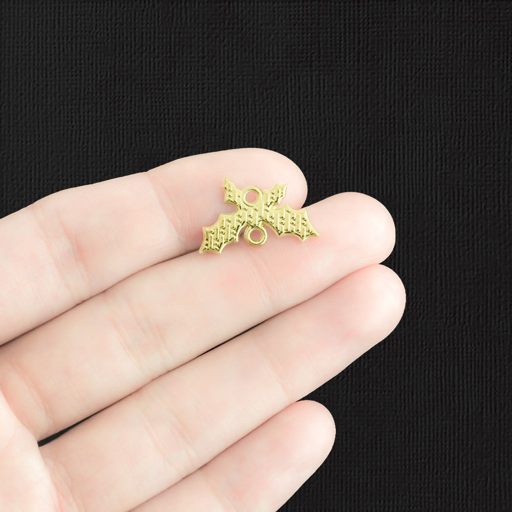 4 Christmas Mistletoe Connector Gold Tone Enamel Charms - E1363