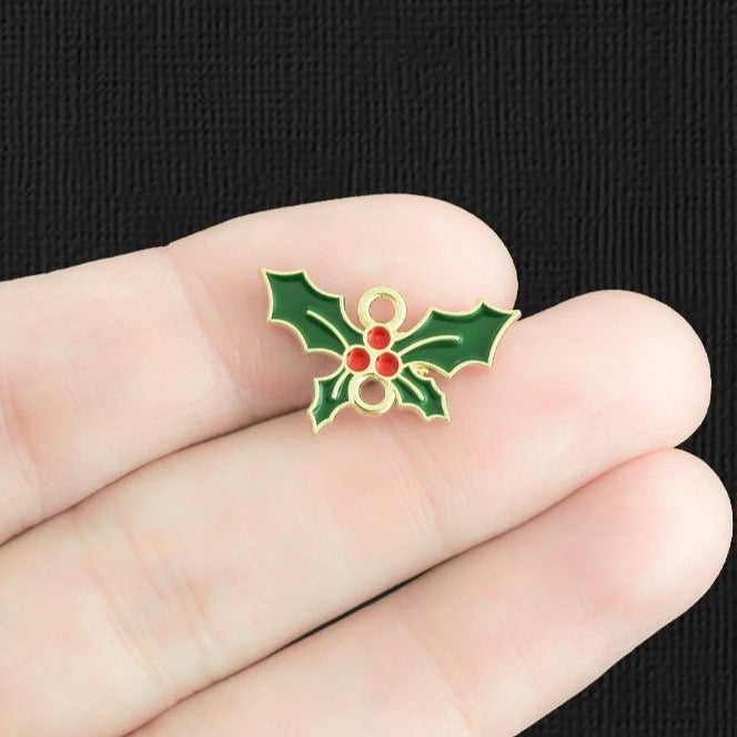 4 Christmas Mistletoe Connector Gold Tone Enamel Charms - E1363