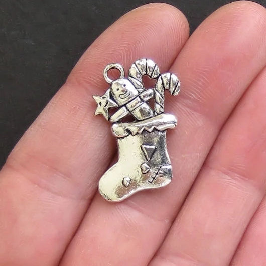 4 Christmas Stocking Antique Silver Tone Charms 2 Sided - XC002