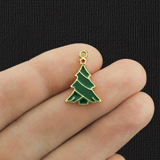 4 breloques en émail doré sapin de Noël - E1122