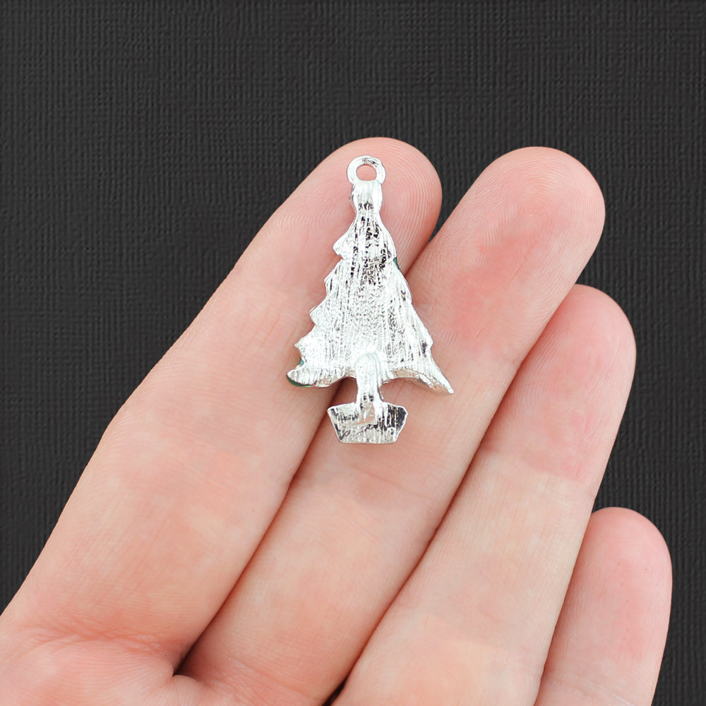 4 Christmas Tree Silver Tone Enamel Charms - E801