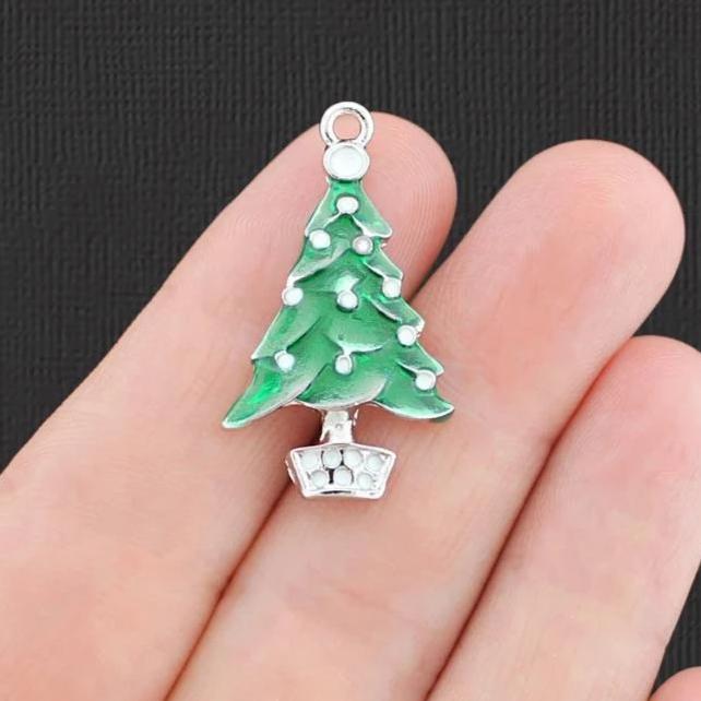 4 Christmas Tree Silver Tone Enamel Charms - E801