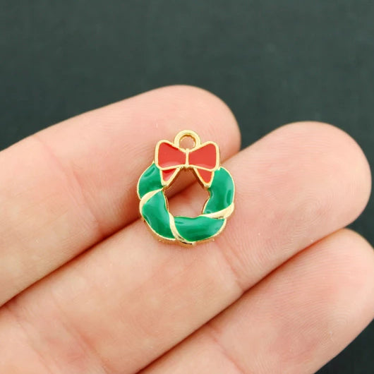 4 Christmas Wreath Gold Tone Enamel Charms - E673