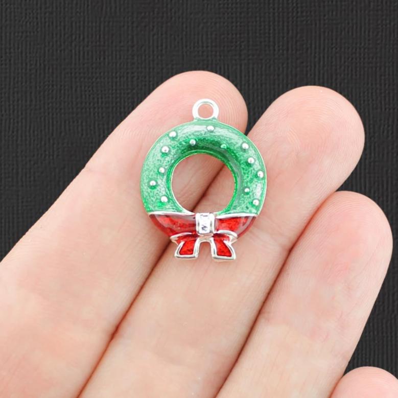 4 Christmas Wreath Silver Tone Enamel Charms - E814