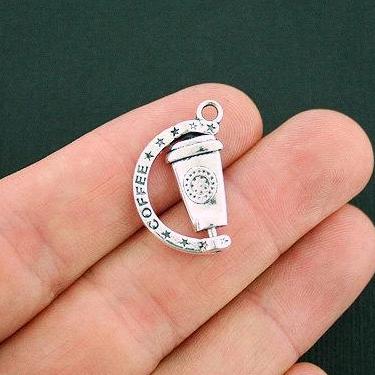 4 Coffee Antique Silver Tone Charms 2 Sided - SC6073