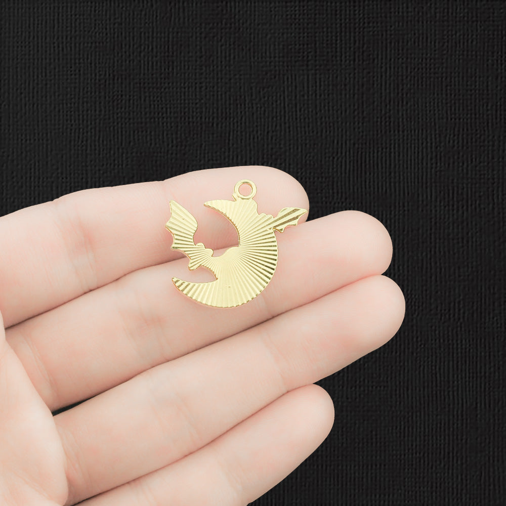 4 Crescent Moon Bats Gold Tone Enamel Charms - E1456