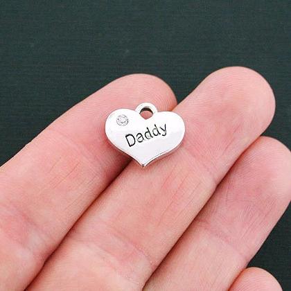4 Daddy Heart Antique Silver Tone Charms 2 Sided With Inset Rhinestones - SC3575