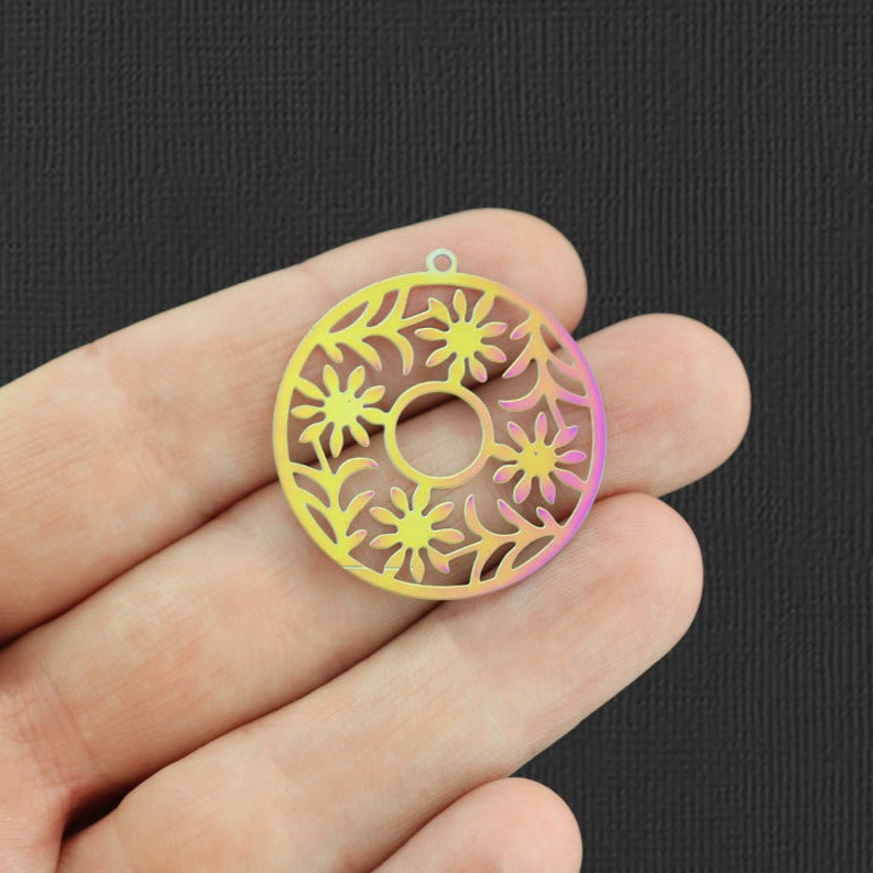 4 Daisy Circle Electroplated Stainless Steel Charms 2 Sided - SSP251