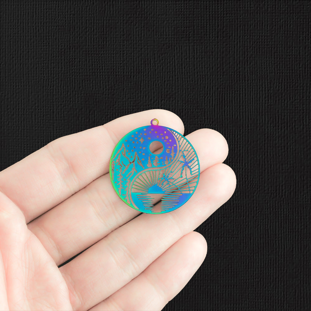 4 Daytime Nighttime Scene Rainbow Electroplated Stainless Steel Charms 2 Sided - SSP383