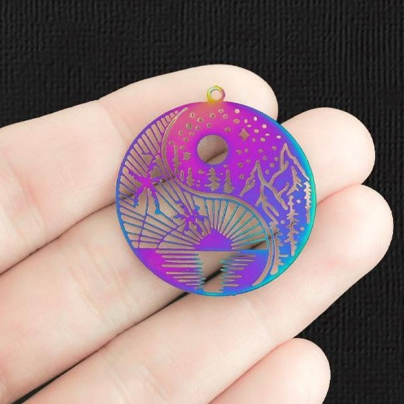 4 breloques en acier inoxydable plaqué arc-en-ciel de scène nocturne de jour 2 faces - SSP383