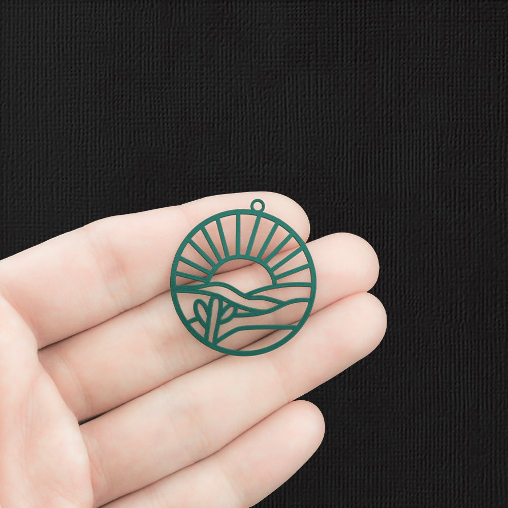 4 Desert Scene Green Enamel Copper Charms 2 Sided - E1460