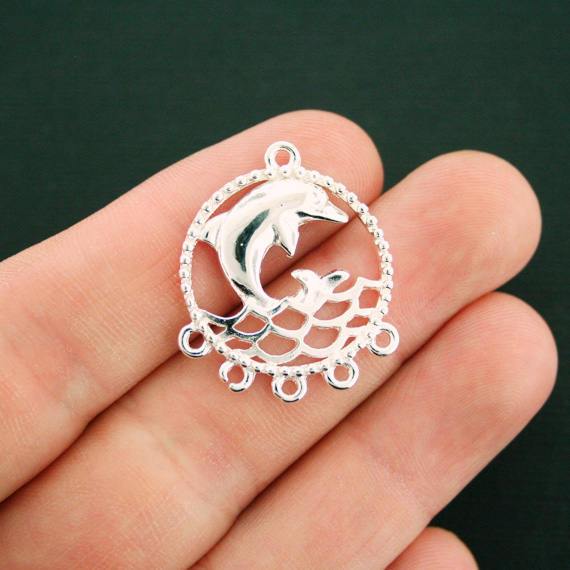 4 Dolphin Chandelier Connector Silver Tone Charms - SC7384