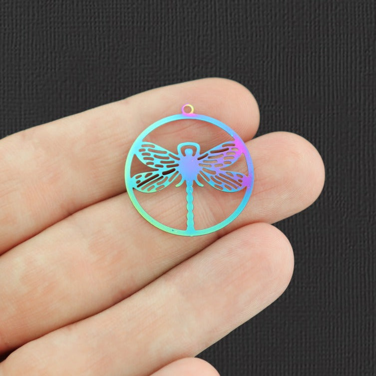 4 Dragonfly Rainbow Electroplated Stainless Steel Charms 2 Sided - SSP253