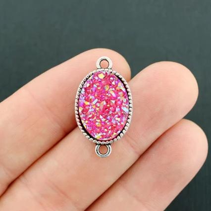 4 Druzy Connector Antique Silver Tone and Resin Cabochon Charms - Z599