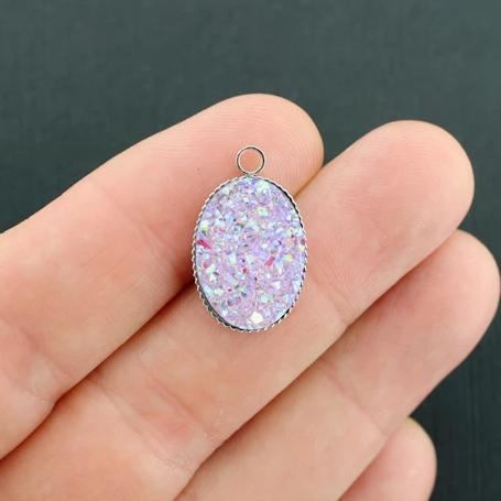 4 breloques Druzy ton argent et cabochon en résine - Z639