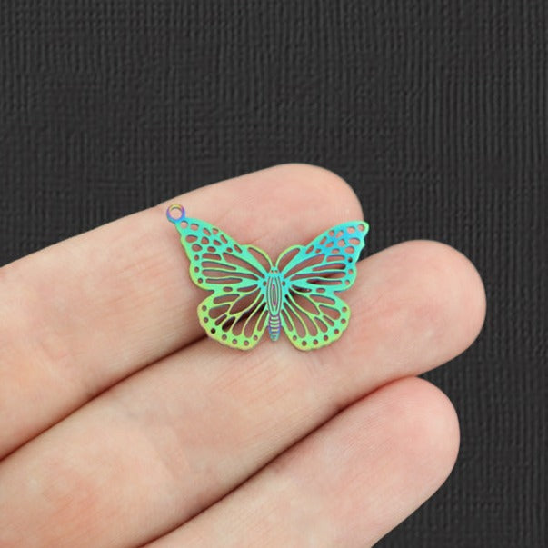 4 breloques en acier inoxydable plaqué arc-en-ciel papillon en filigrane 2 faces - SSP239