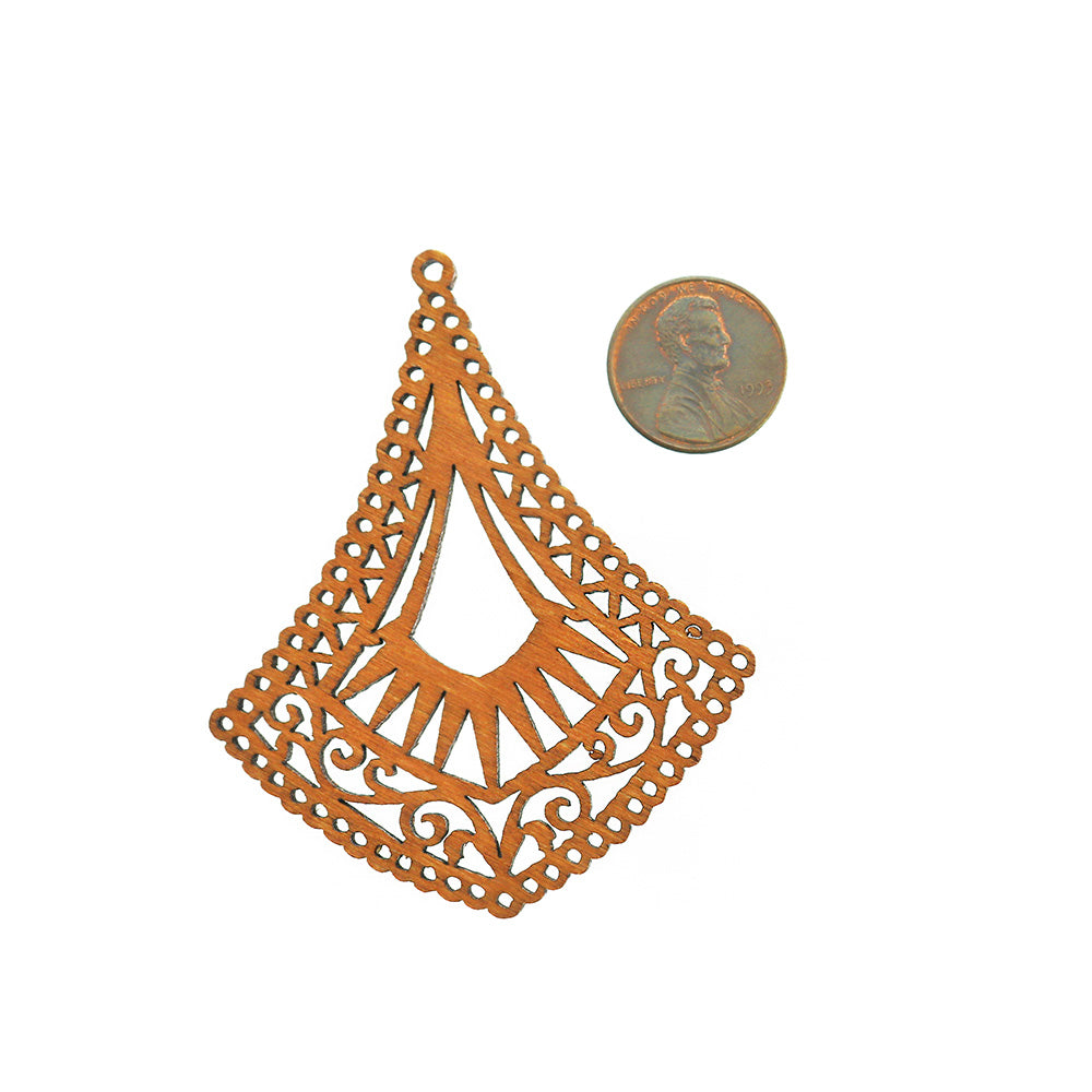 4 Filigree Drop Natural Wood Charms 2 Sided - WP150